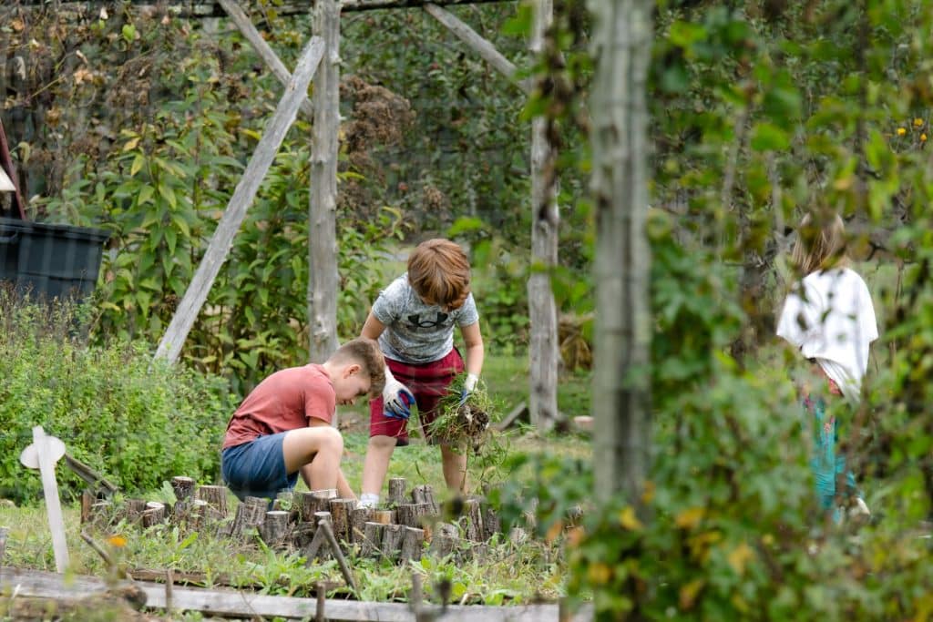 2nd and 3rd grade class outdoors in the fall taking a silly group photo